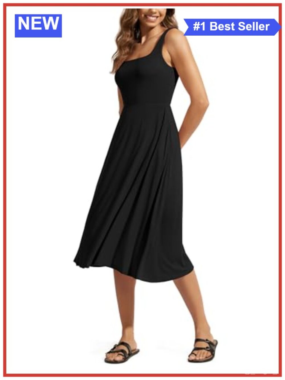 Square Neck Midi Dress with Pockets Flare Tank Dress Sleeveless Summer Casual